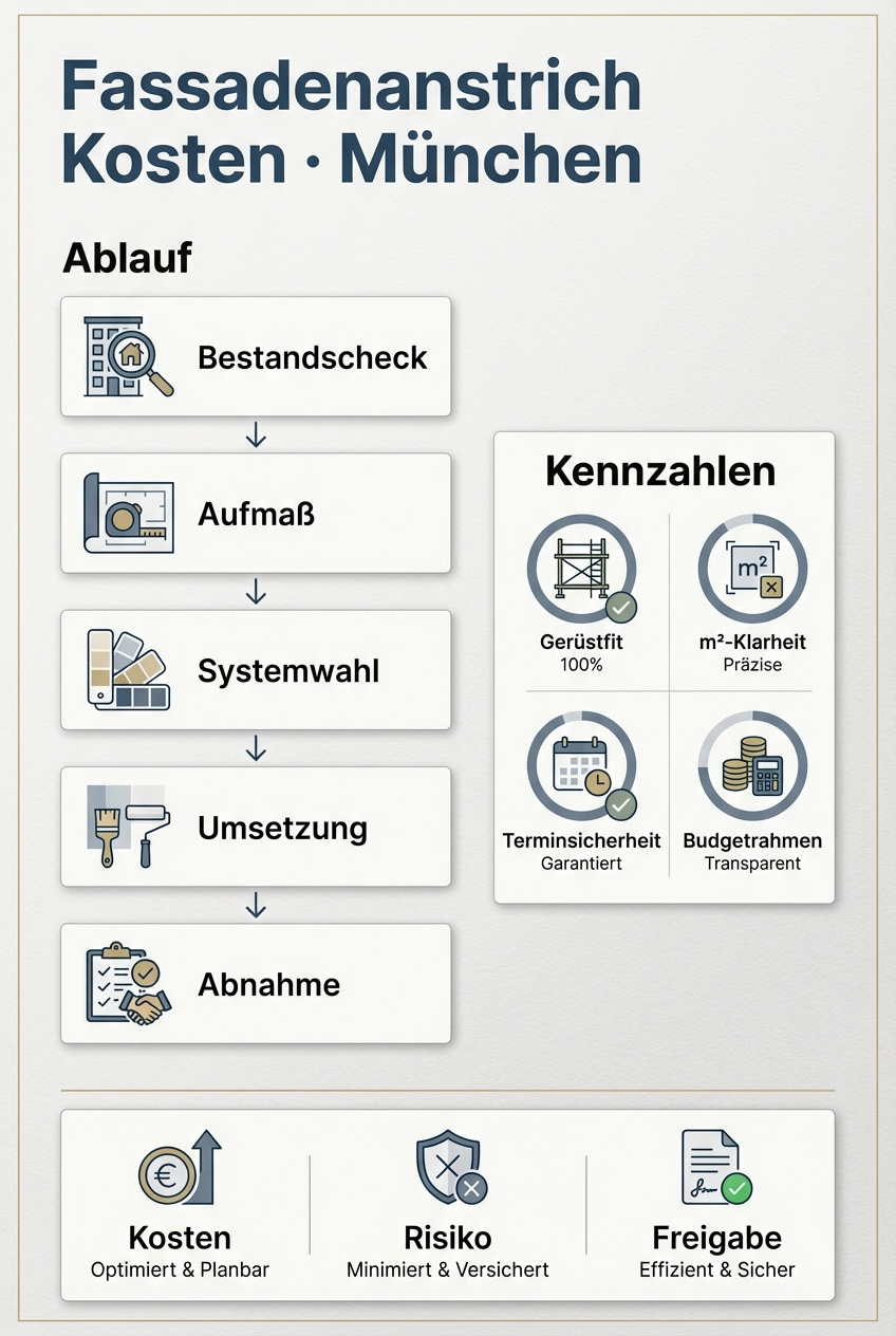 Infografik: Fassadenanstrich Kosten München mit Ablauf und Kennzahlen