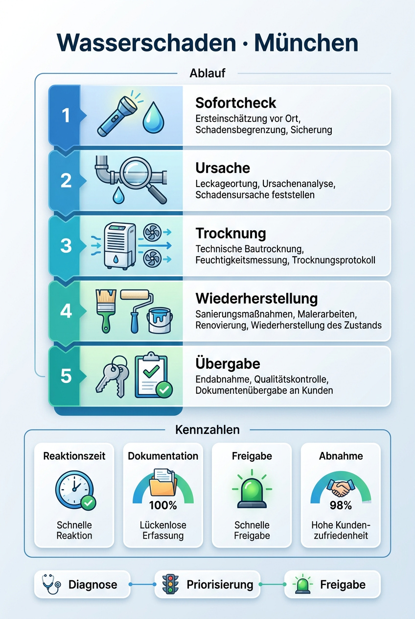 Infografik: Wasserschaden in der Wohnung, Ablauf und Kennzahlen
